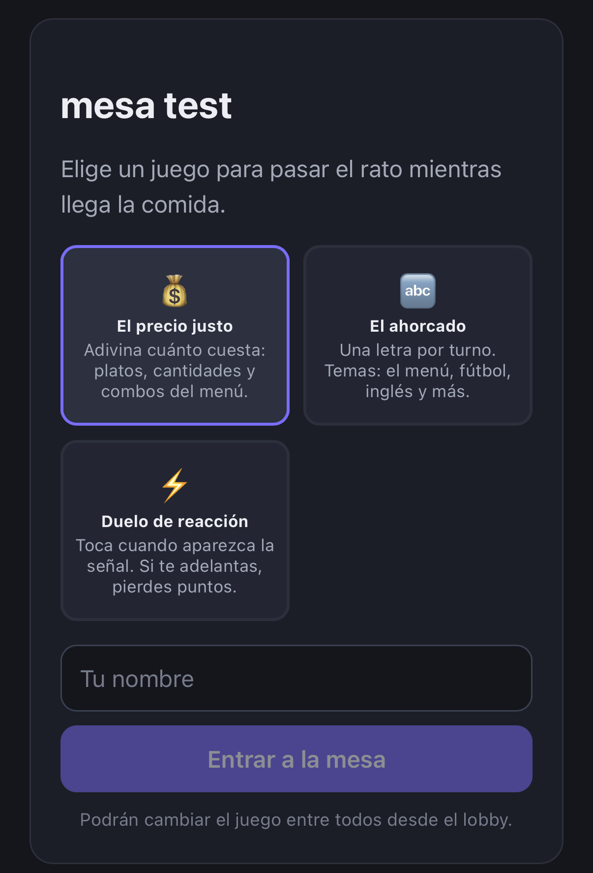 Minijuegos de mesa en idear: El precio justo, El ahorcado del menú y Duelo de reacción